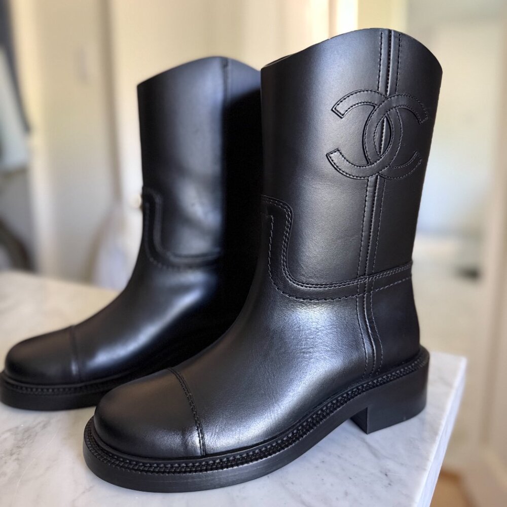 Chanel Black Short Boots | 2024 Interlocking CC Logo Moto Boots | Size 37.5